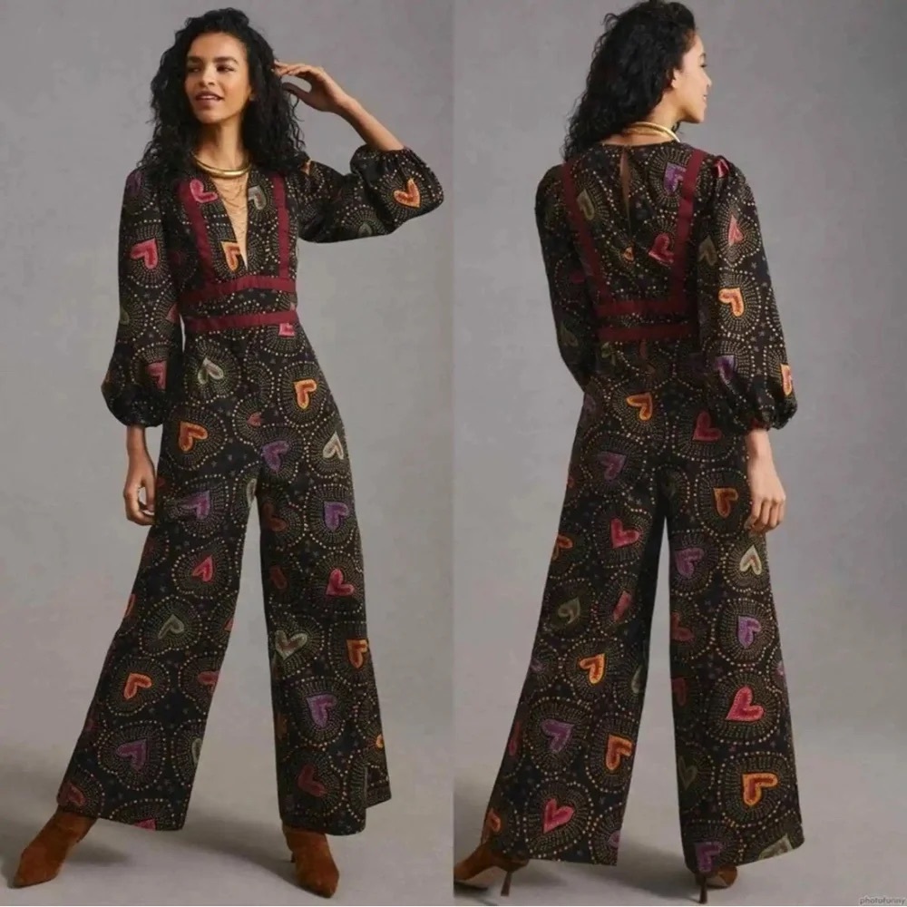 Farm Rio Anthropologie Heart Prints Deep V-neck Wide Leg Multicolor Jumpsuit XS